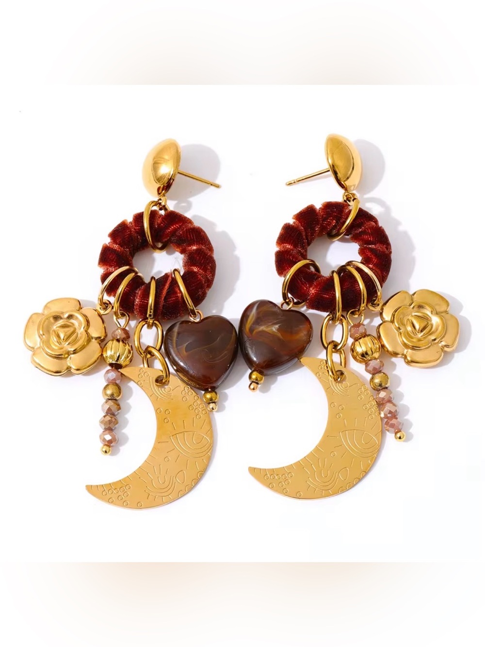 Gold Crescent & Heart Drop Earrings with Rust Velvet Accents